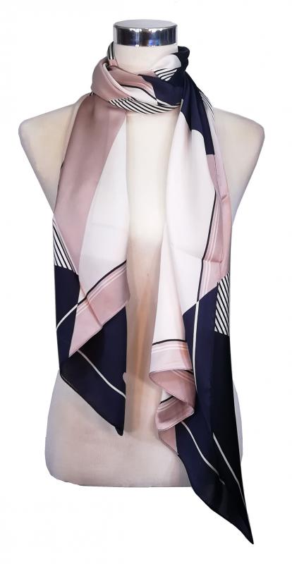 Scarf 100% Silk Satin Rose Black White Geometrical